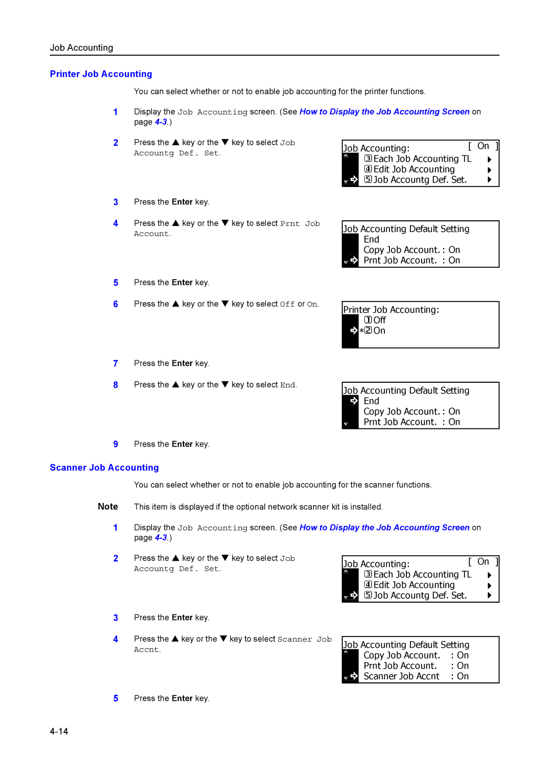 Kyocera 2050, 1650, 2550 manual Printer Job Accounting Off, Scanner Job Accounting 