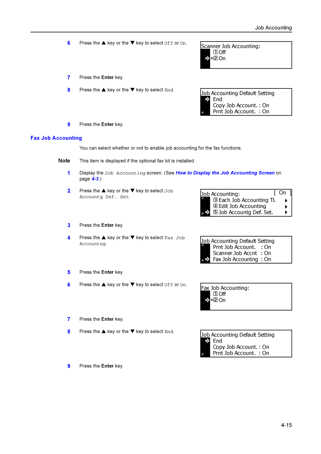 Kyocera 1650, 2050, 2550 manual Scanner Job Accounting Off, Fax Job Accounting 