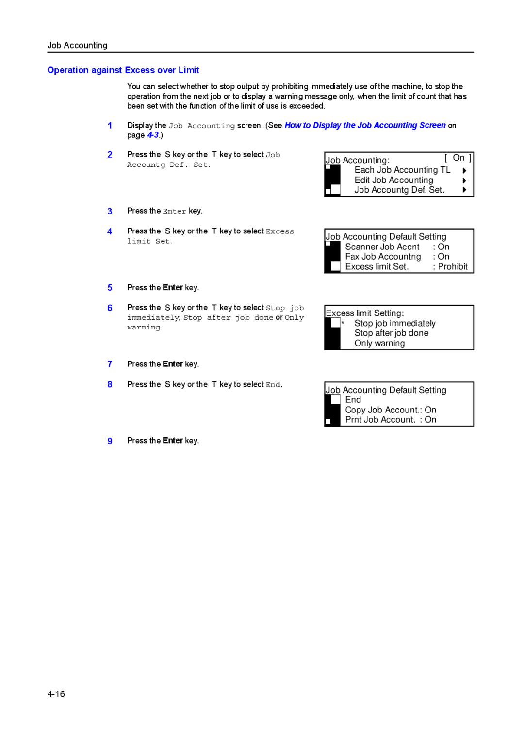 Kyocera 2550, 2050, 1650 manual Operation against Excess over Limit, Job Accounting Default Setting 