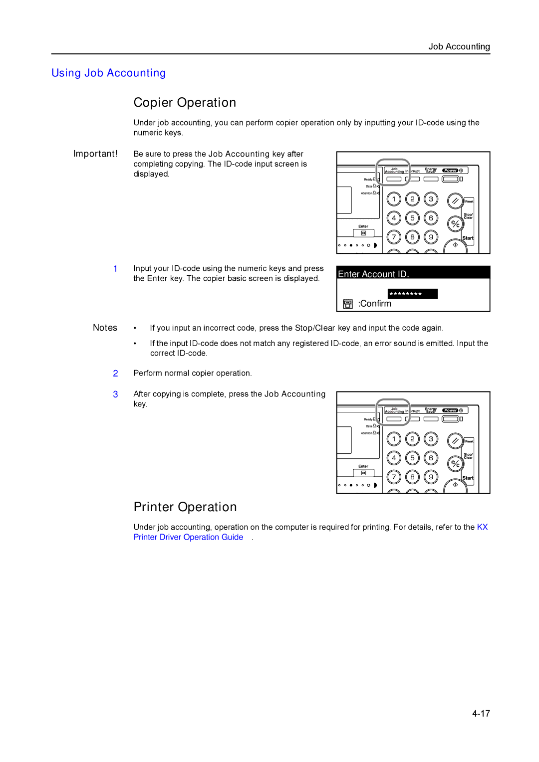 Kyocera 2050, 1650, 2550 manual Copier Operation, Printer Operation, Using Job Accounting 