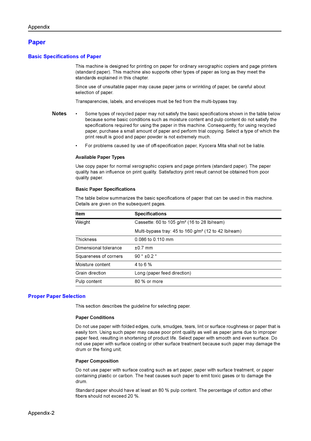 Kyocera 2050, 1650, 2550 manual Basic Specifications of Paper, Proper Paper Selection 