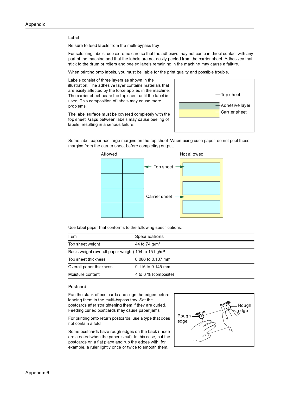 Kyocera 1650, 2050 Label, Top sheet Adhesive layer Carrier sheet, Allowed Not allowed, Postcard, Rough Edge Rough edge 