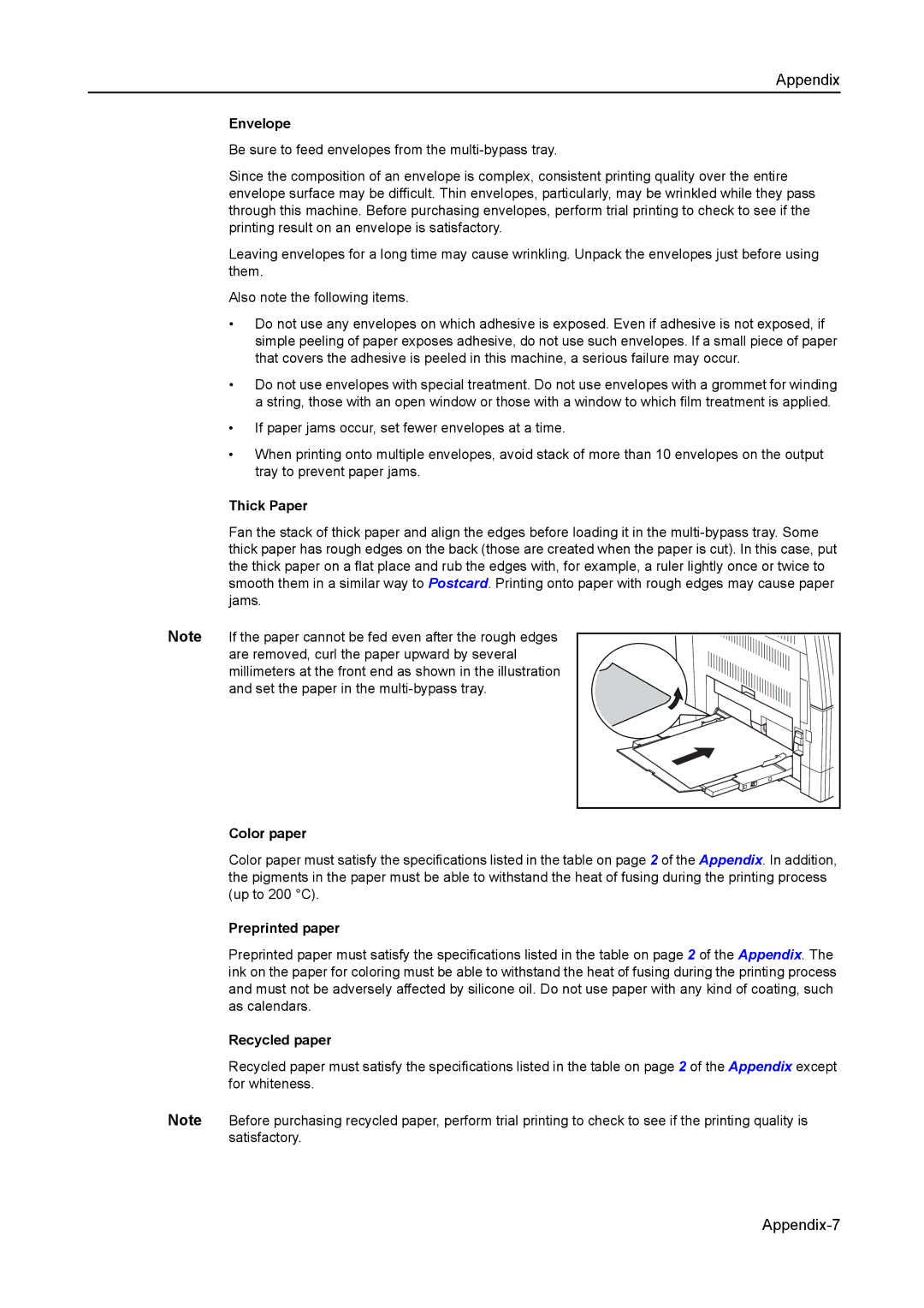 Kyocera 2550, 2050, 1650 manual Envelope, Thick Paper, Color paper, Preprinted paper, Recycled paper 