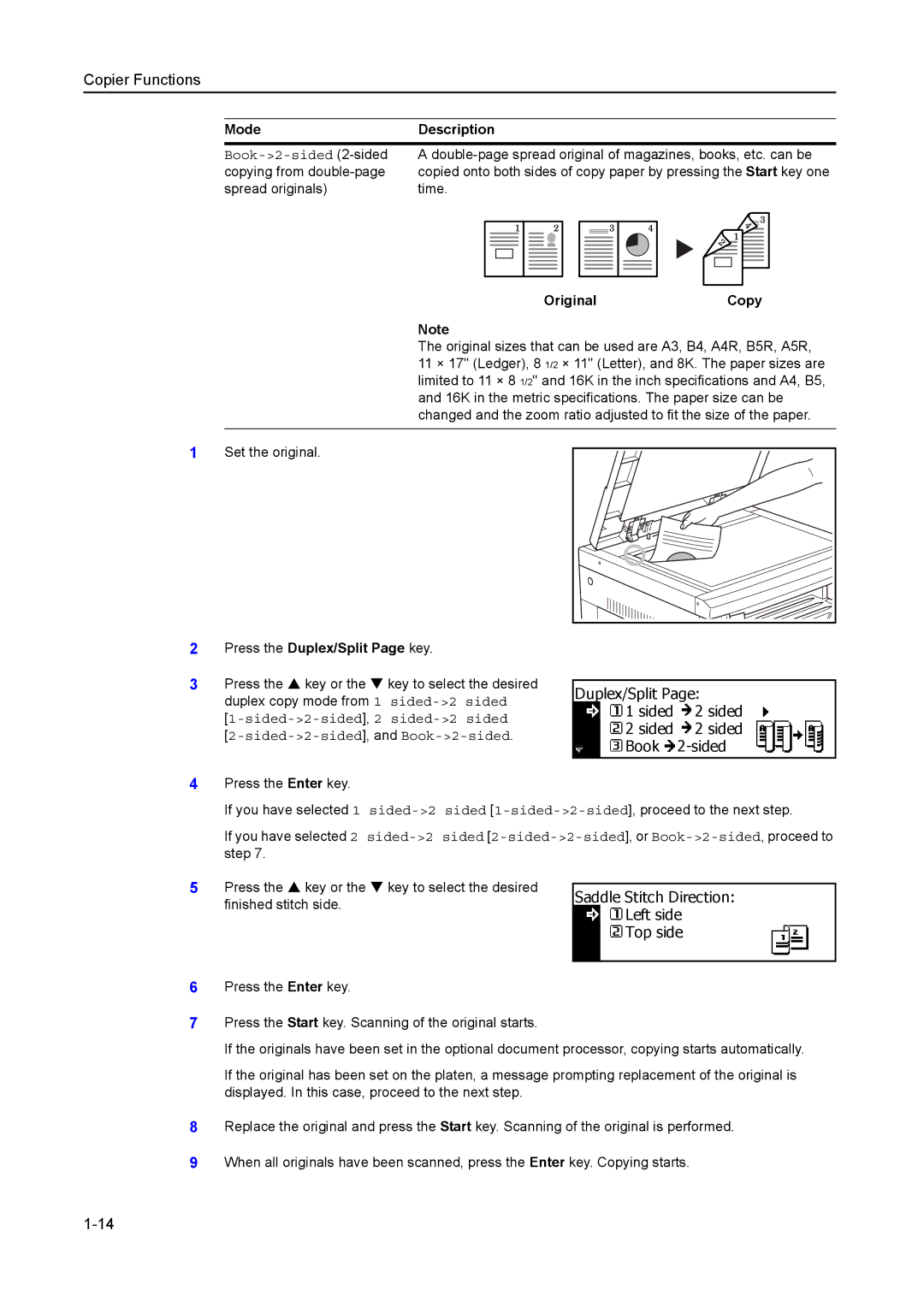 Kyocera 1650, 2050, 2550 manual Duplex/Split Sided Book, Press the Duplex/Split Page key 