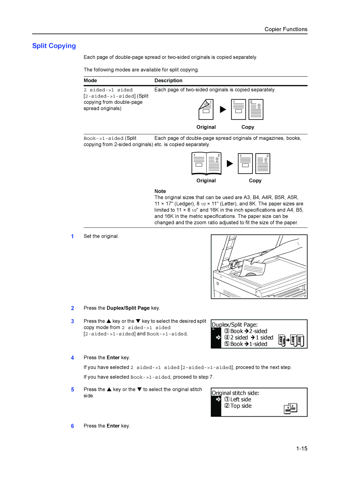 Kyocera 2550, 2050 Split Copying, Duplex/Split Book Sided, Side.Original stitch side Left side Top side, Original Copy 