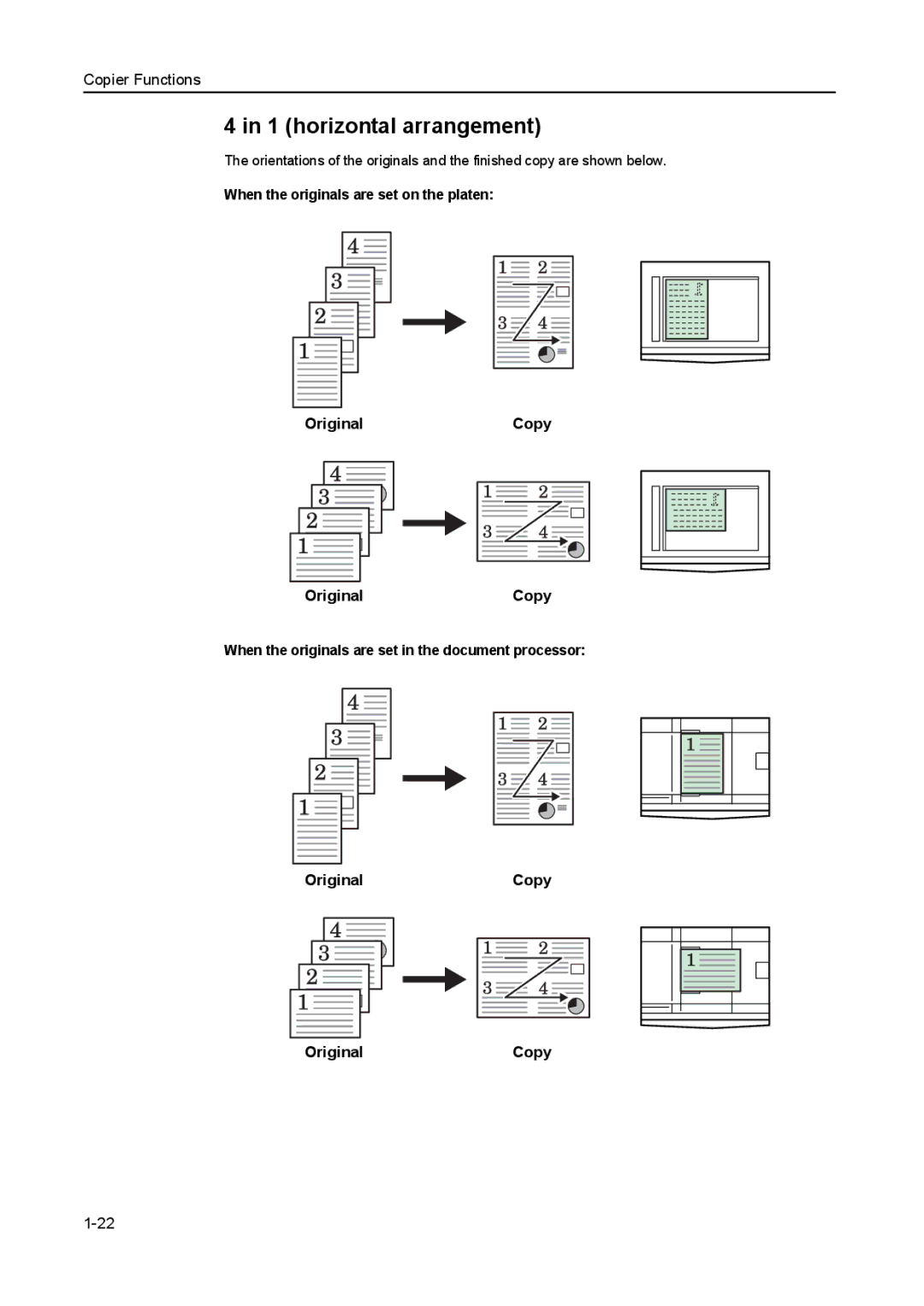 Kyocera 2050, 1650, 2550 manual horizontal arrangement, When the originals are set on the platen 