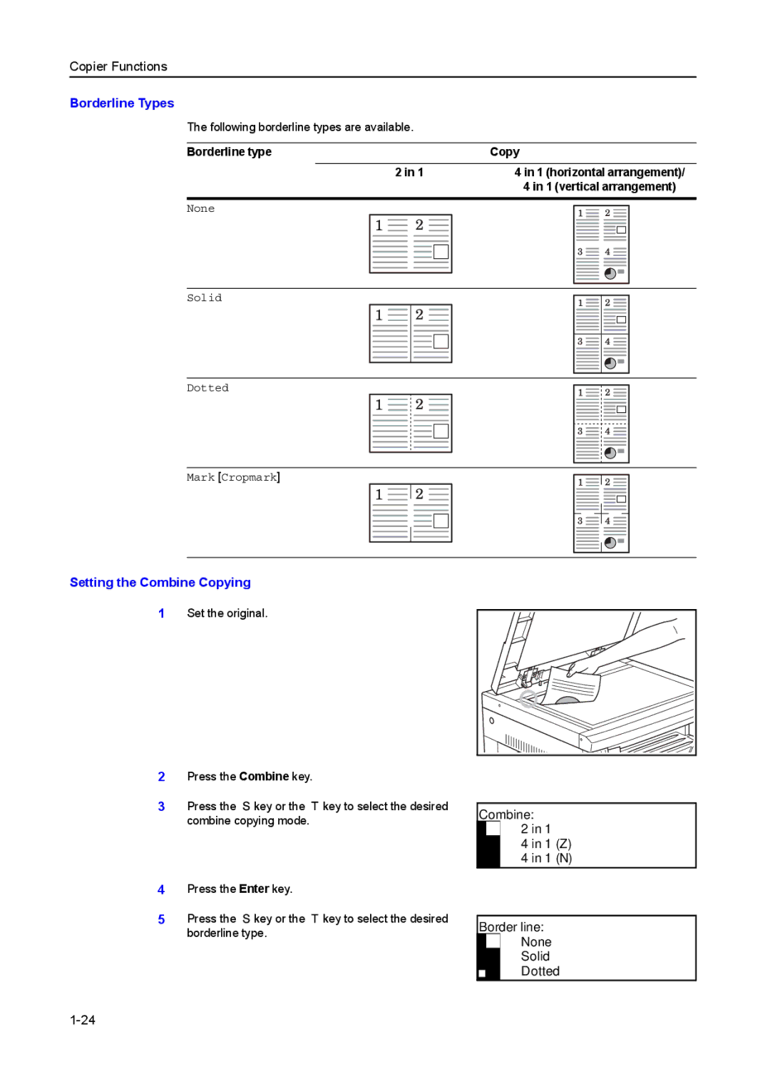 Kyocera 2550, 2050, 1650 manual Borderline Types, Setting the Combine Copying, Combine 1 Z 1 N Border line None Solid Dotted 