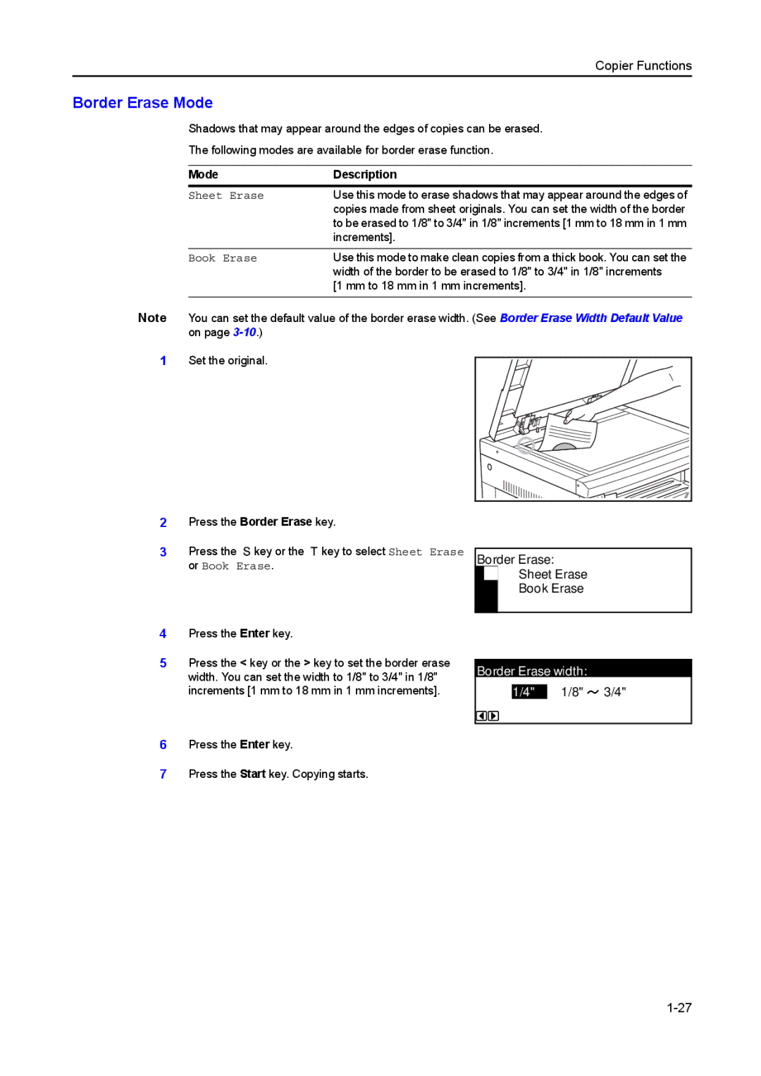 Kyocera 2550, 2050, 1650 manual Border Erase Mode, Border Erase Sheet Erase Book Erase, Border Erase width 