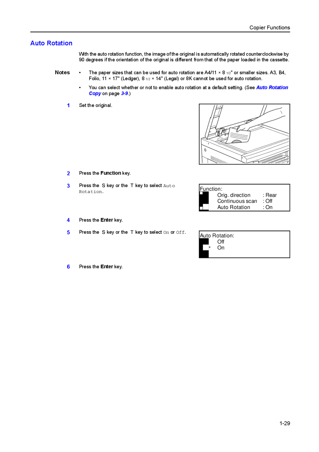 Kyocera 1650, 2050, 2550 manual Function, Orig. direction Rear Continuous scan Off Auto Rotation, Auto Rotation Off 