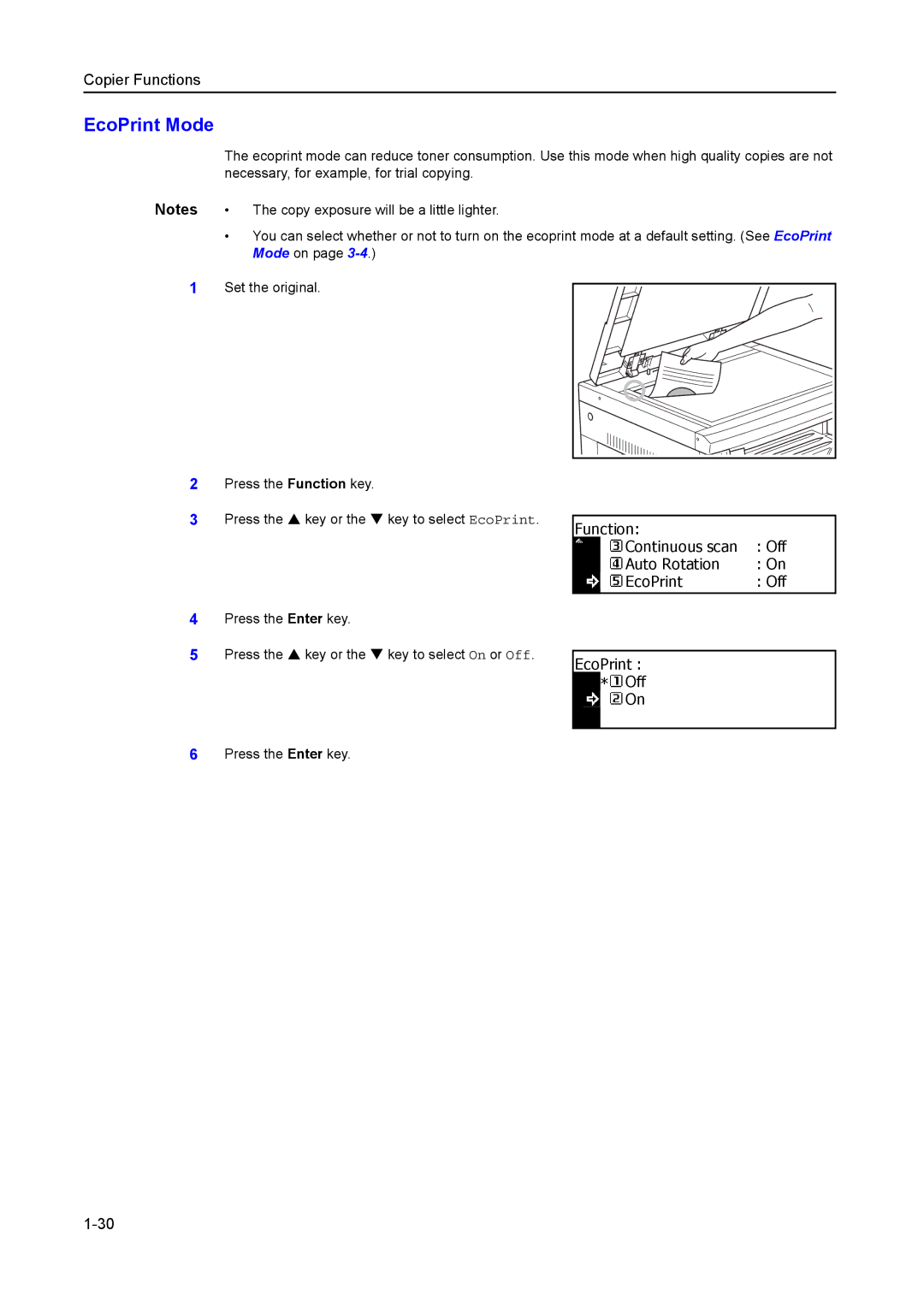 Kyocera 2550, 2050, 1650 manual EcoPrint Mode, Function Off Continuous scan Auto Rotation EcoPrint, EcoPrint Off 