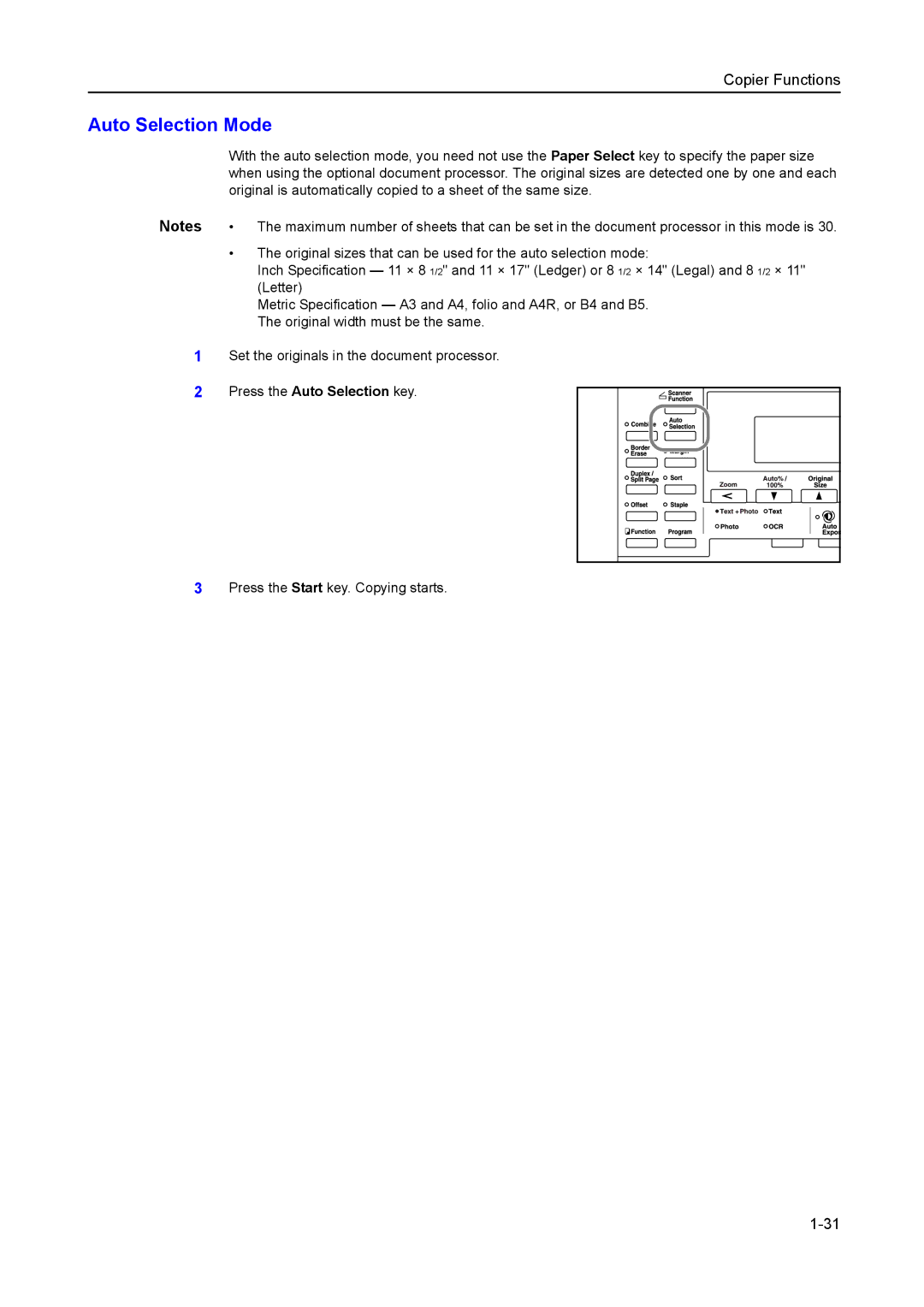 Kyocera 2050, 1650, 2550 manual Auto Selection Mode, Press the Auto Selection key 