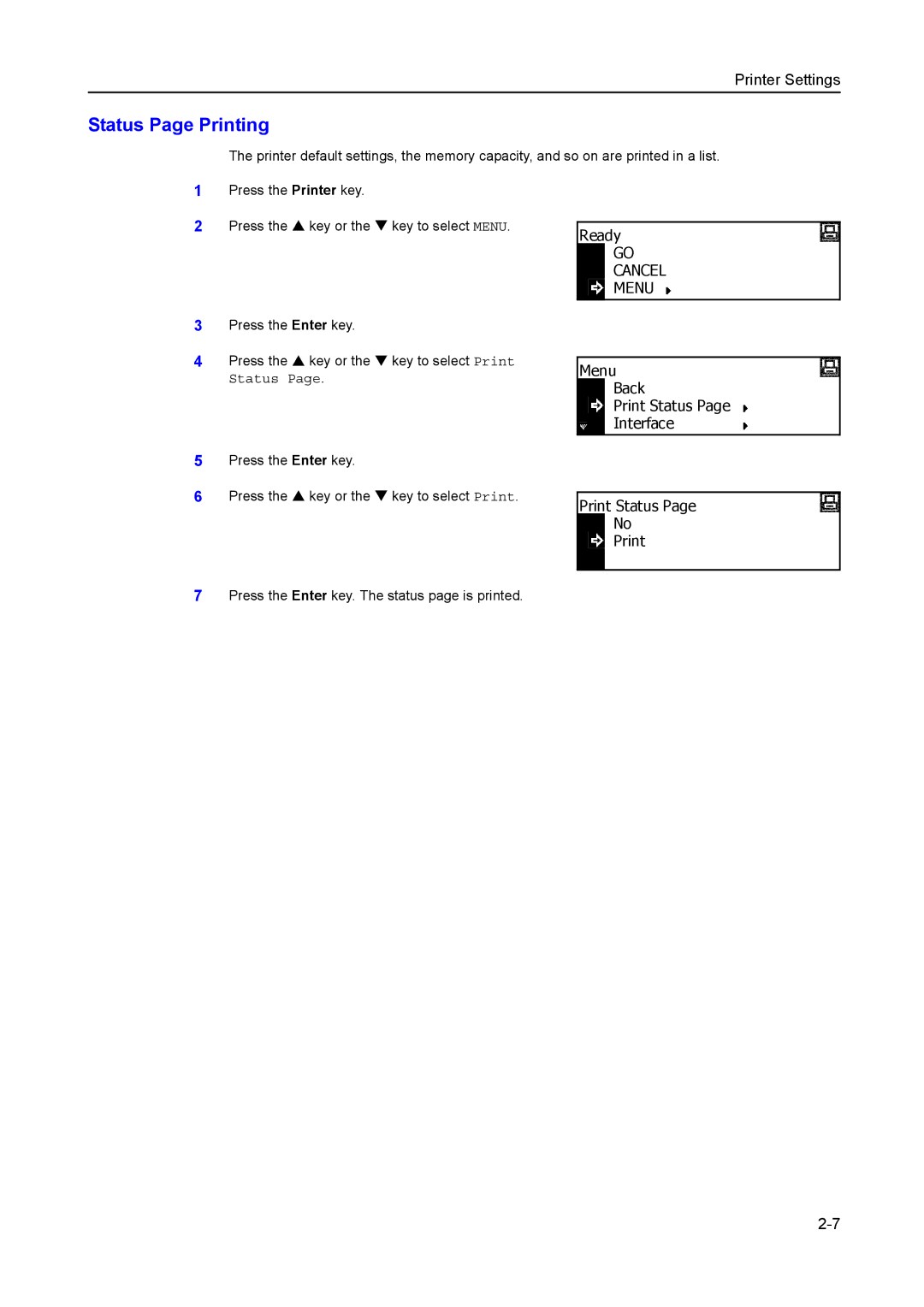 Kyocera 2550, 2050, 1650 manual Status Page Printing, Ready, Menu Back Print Status Interface 