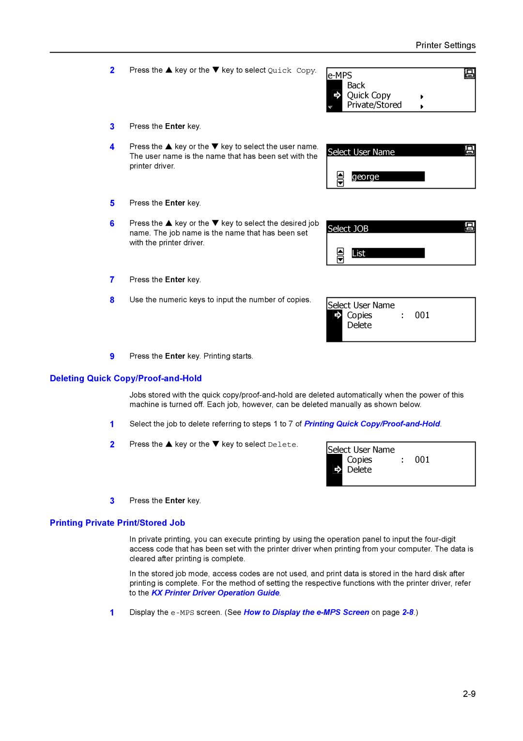 Kyocera 1650, 2050, 2550 manual Select User Name George, Select JOB List, Deleting Quick Copy/Proof-and-Hold 