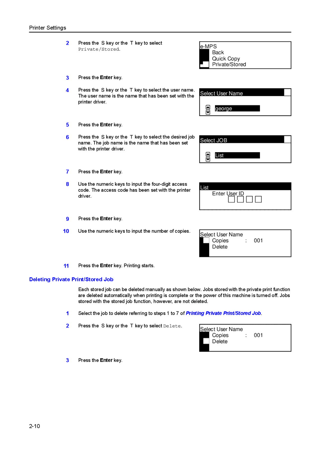 Kyocera 2550, 2050, 1650 manual Enter User ID Select User Name Copies Delete, Deleting Private Print/Stored Job 