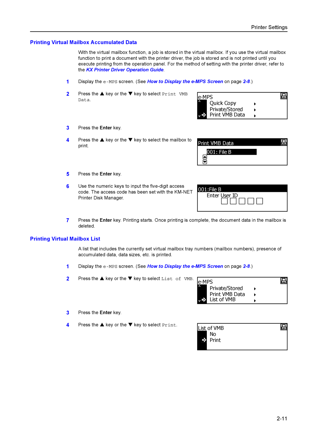 Kyocera 2050, 1650 Printing Virtual Mailbox Accumulated Data, Print VMB Data, 001File B, Printing Virtual Mailbox List 