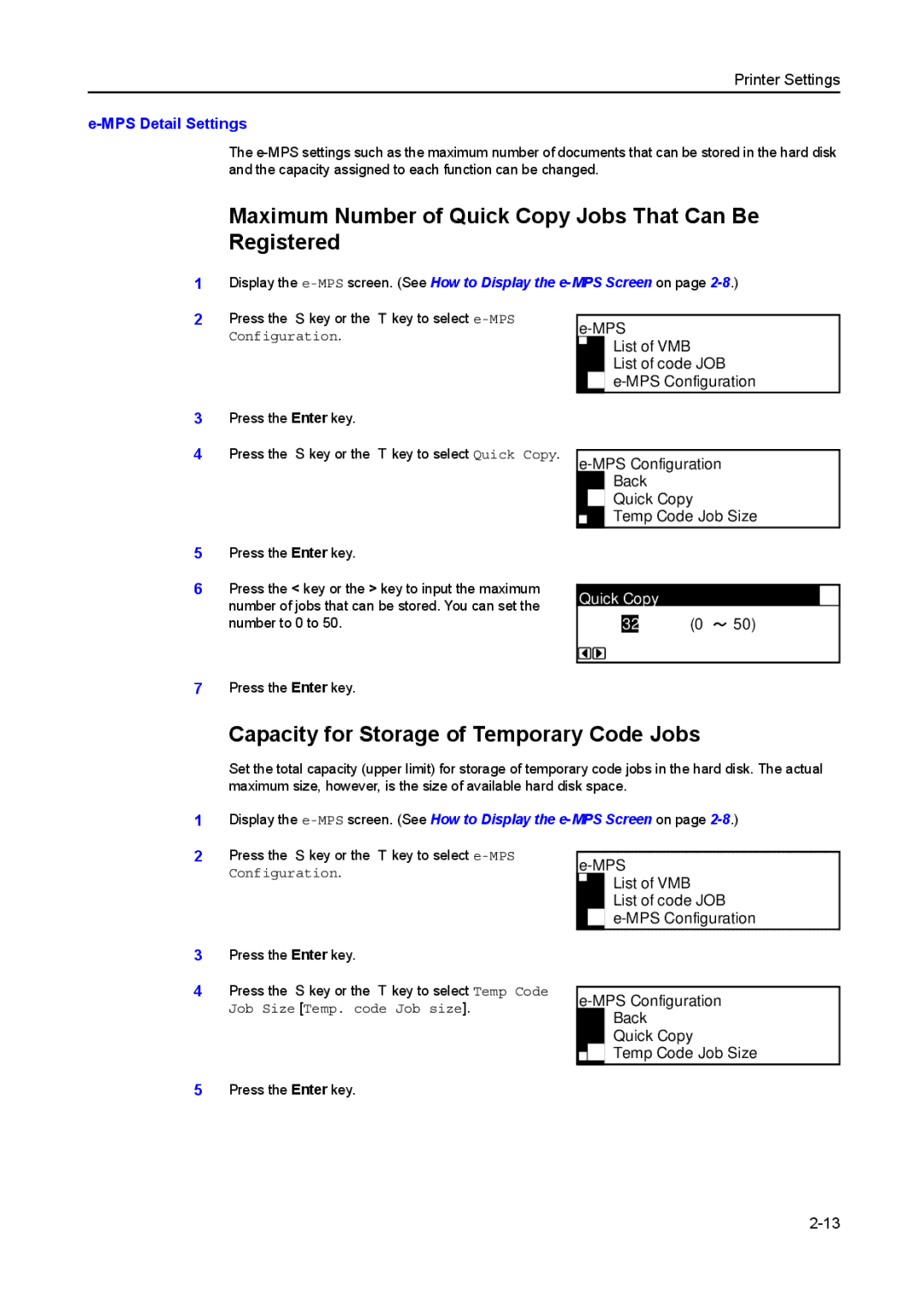 Kyocera 2550, 2050 Maximum Number of Quick Copy Jobs That Can Be Registered, Capacity for Storage of Temporary Code Jobs 