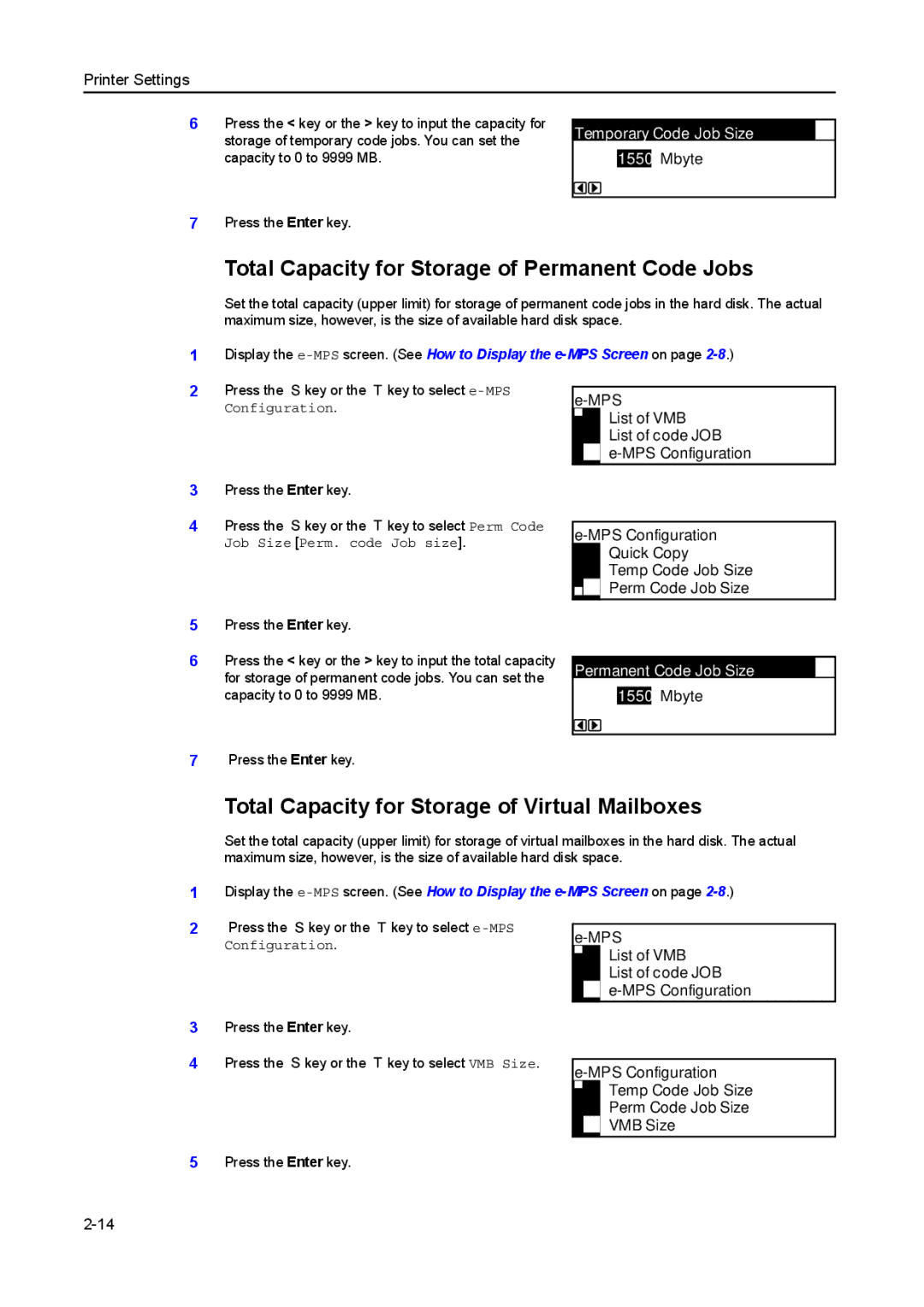 Kyocera 2050 Total Capacity for Storage of Permanent Code Jobs, Total Capacity for Storage of Virtual Mailboxes, 1550 