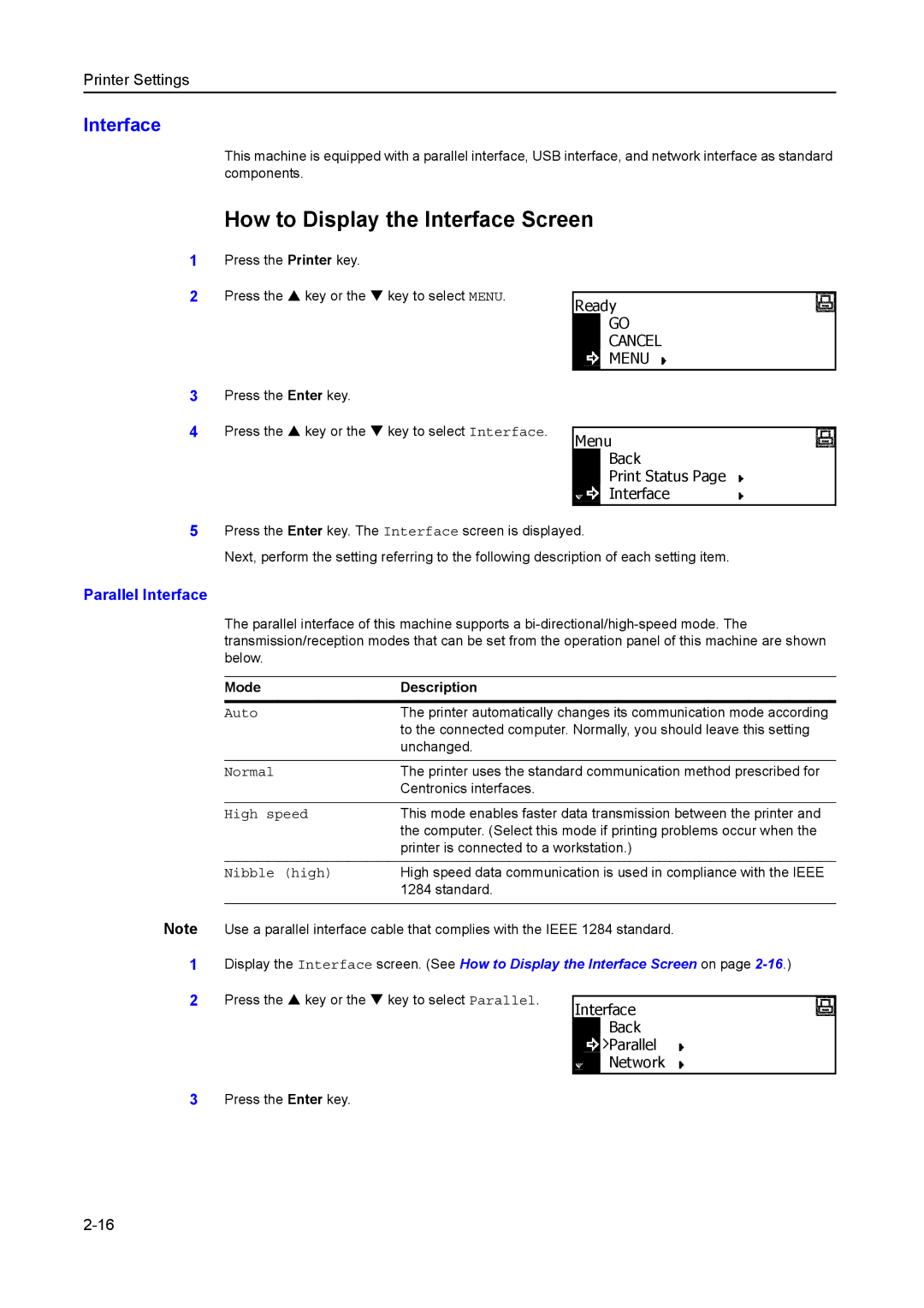 Kyocera 2550, 2050, 1650 manual How to Display the Interface Screen, Parallel Interface, Network 