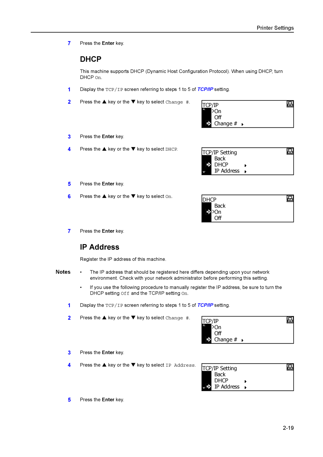 Kyocera 2550, 2050, 1650 manual IP Address, TCP/IP Setting Back 