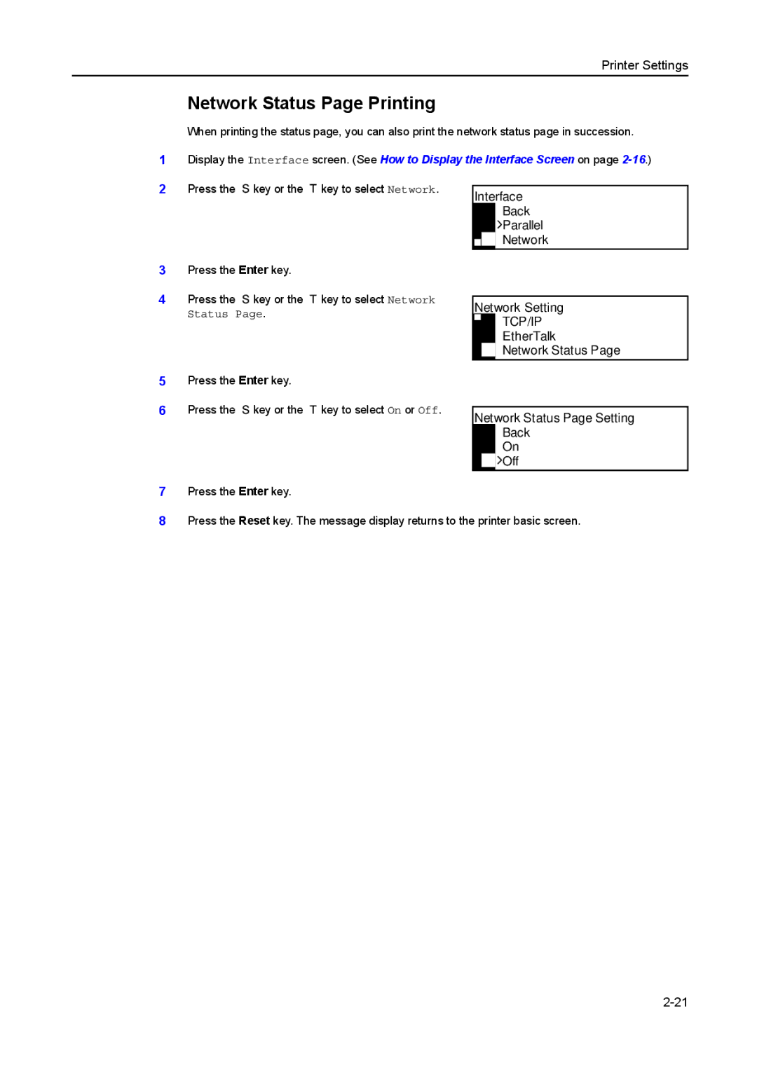 Kyocera 1650 Network Status Page Printing, Network Setting, EtherTalk Network Status, Network Status Page Setting Back Off 