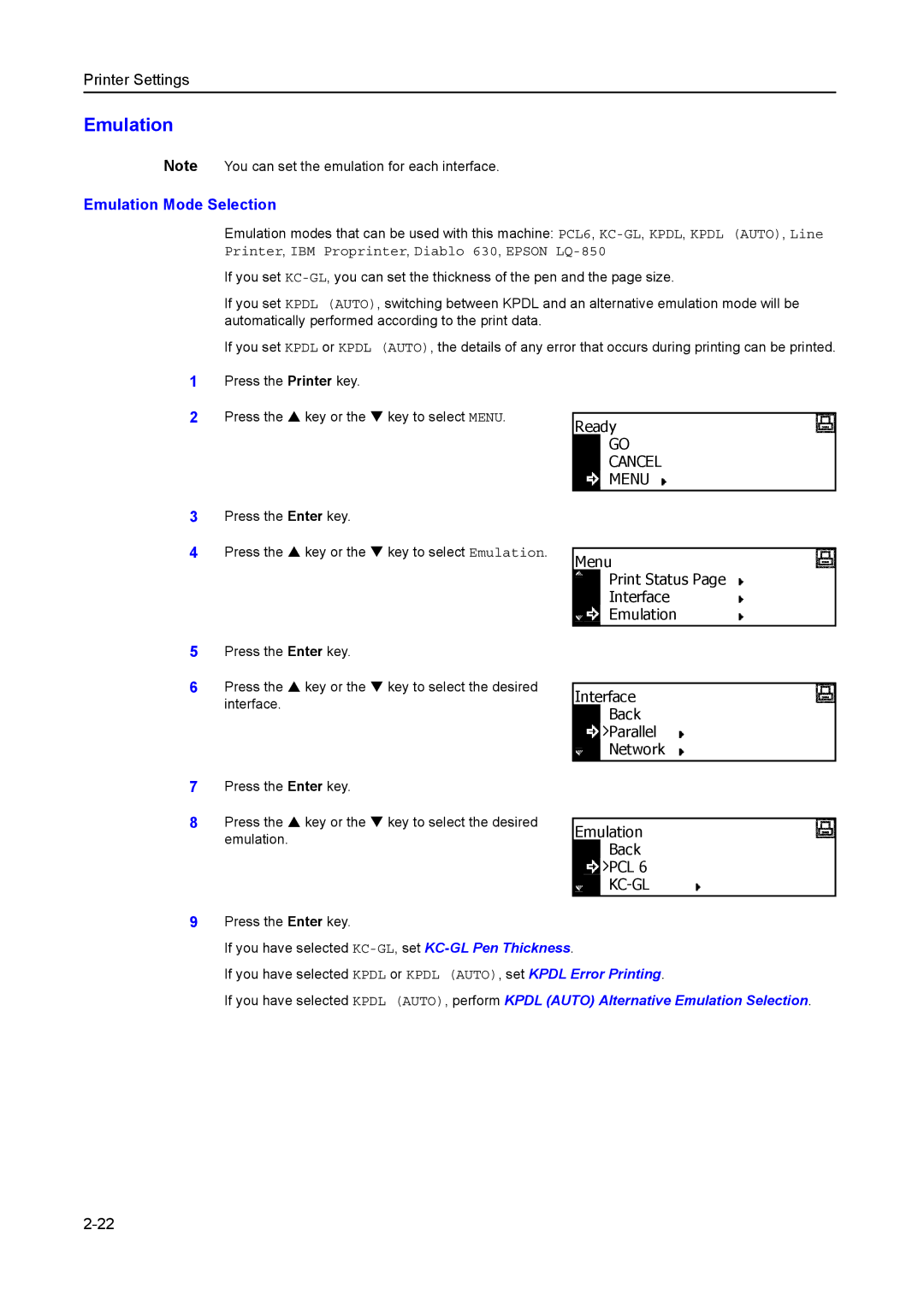 Kyocera 2550, 2050 Emulation Mode Selection, Menu Print Status Interface Emulation, Interface Back Parallel Network 