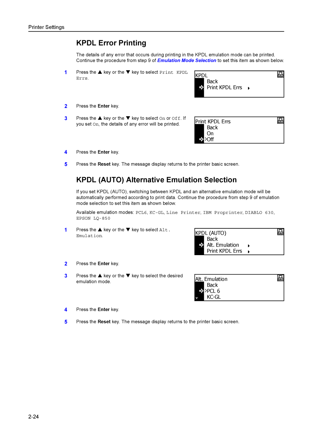 Kyocera 1650, 2050, 2550 Kpdl Error Printing, Kpdl Auto Alternative Emulation Selection, Print Kpdl Errs, Alt. Emulation 