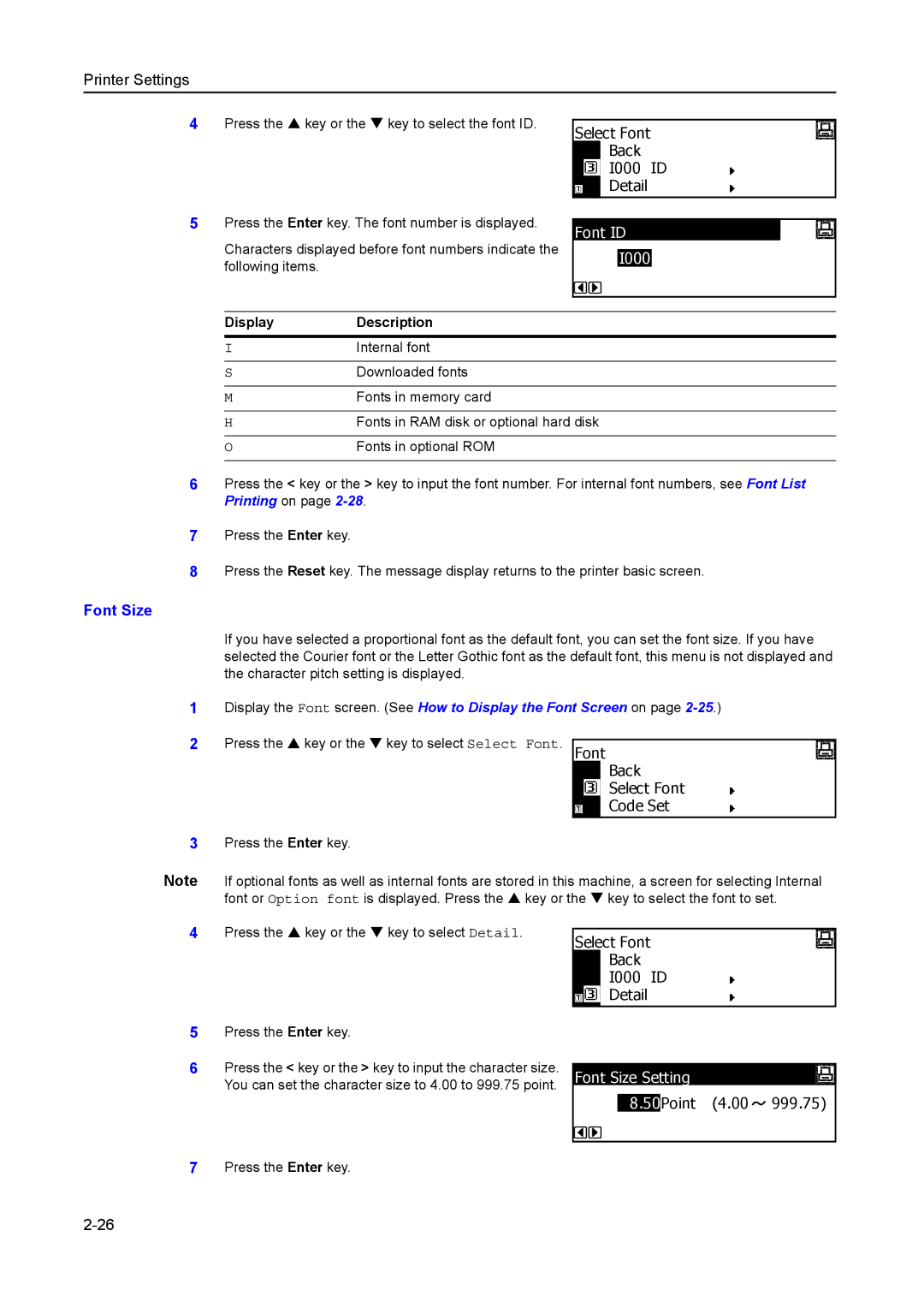 Kyocera 2050, 1650, 2550 manual Font ID I000, Font Size Setting 