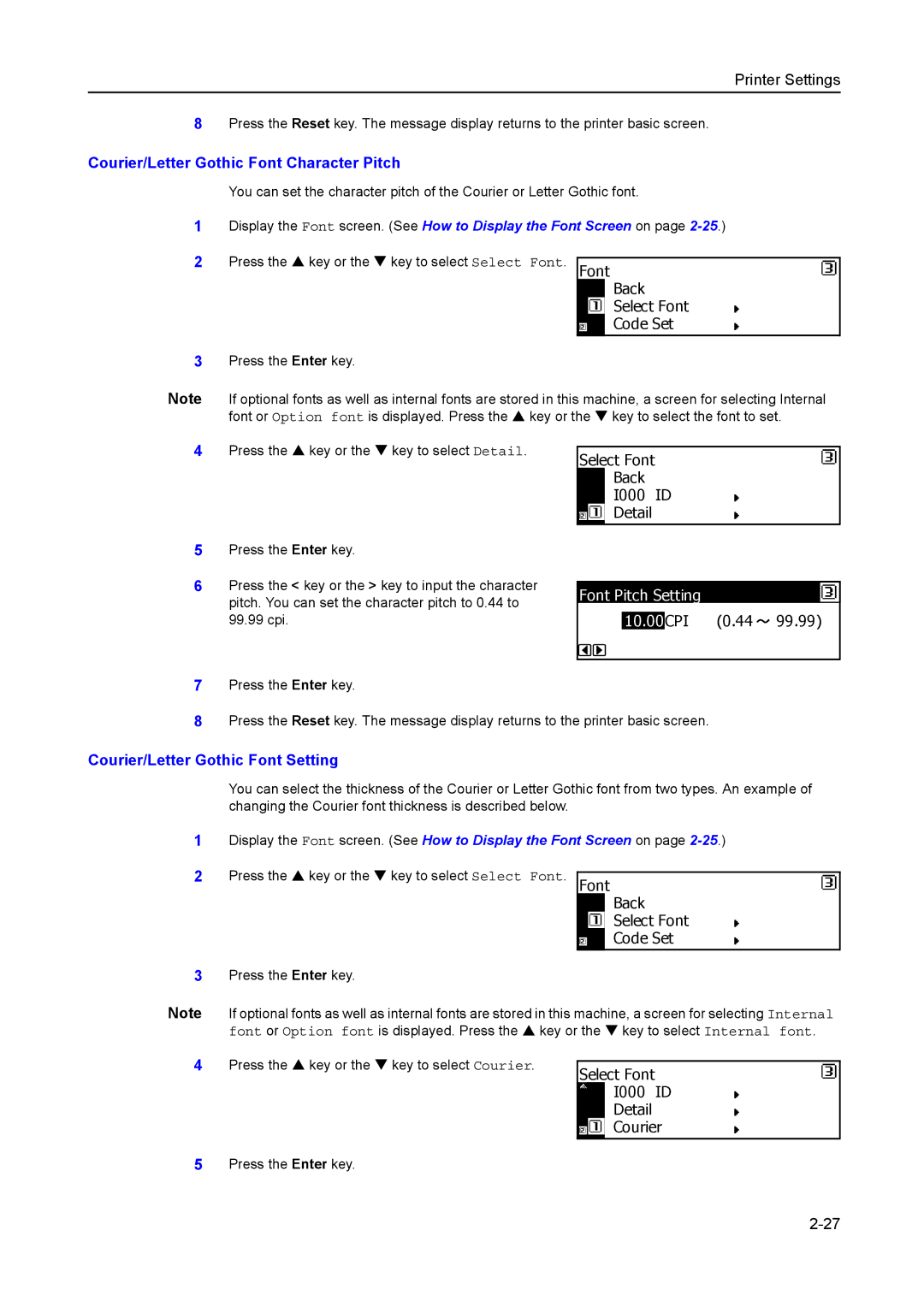 Kyocera 1650 Courier/Letter Gothic Font Character Pitch, Font Pitch Setting 10.00, Courier/Letter Gothic Font Setting 