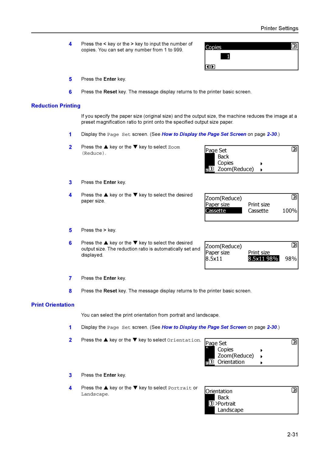 Kyocera 2550, 2050, 1650 manual Reduction Printing, Copies, Cassette, Print Orientation, 5x11 98% 