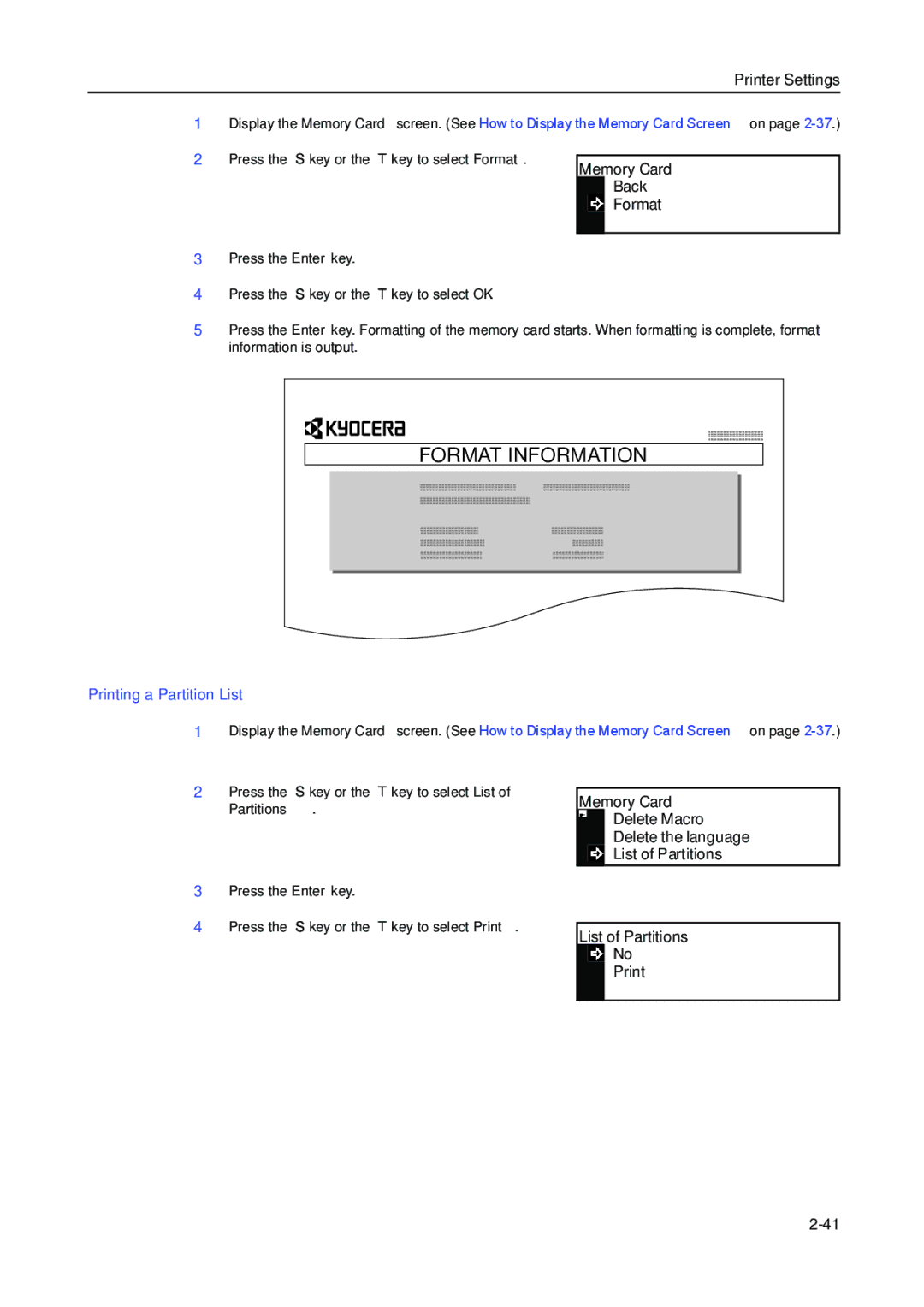 Kyocera 2050, 1650, 2550 manual Format, Printing a Partition List, List of Partitions Print 