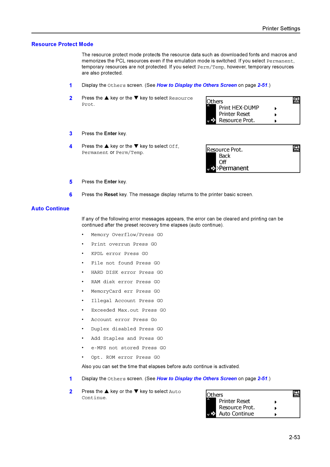 Kyocera 2050, 1650, 2550 Resource Protect Mode, Others Print HEX-DUMP Printer Reset Resource Prot Back Off, Auto Continue 