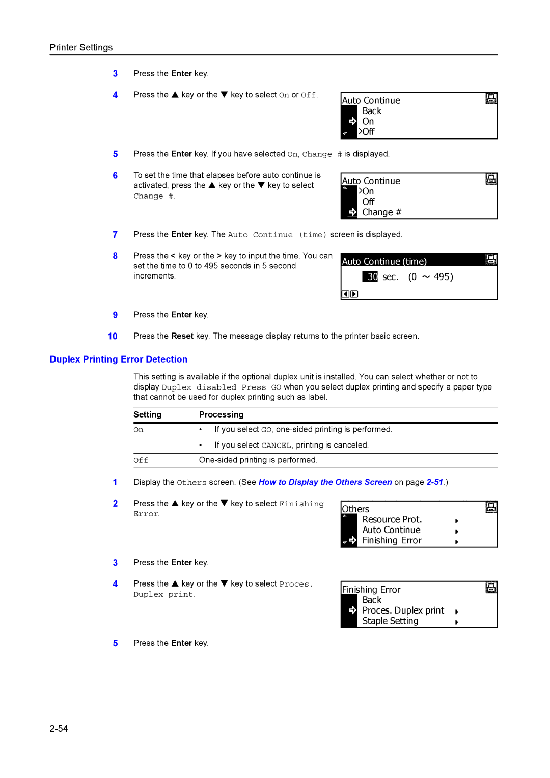 Kyocera 1650, 2050, 2550 Auto Continue Back Off, Auto Continue time, Duplex Printing Error Detection, Setting Processing 