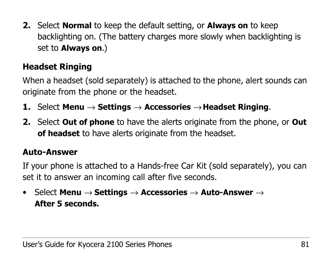 Kyocera 2100 Series manual Select Menu → Settings → Accessories → Headset Ringing 