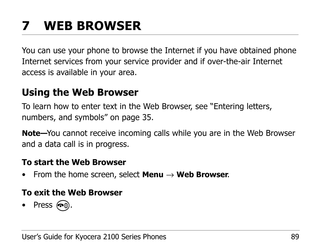 Kyocera 2100 Series manual WEB Browser, Using the Web Browser 