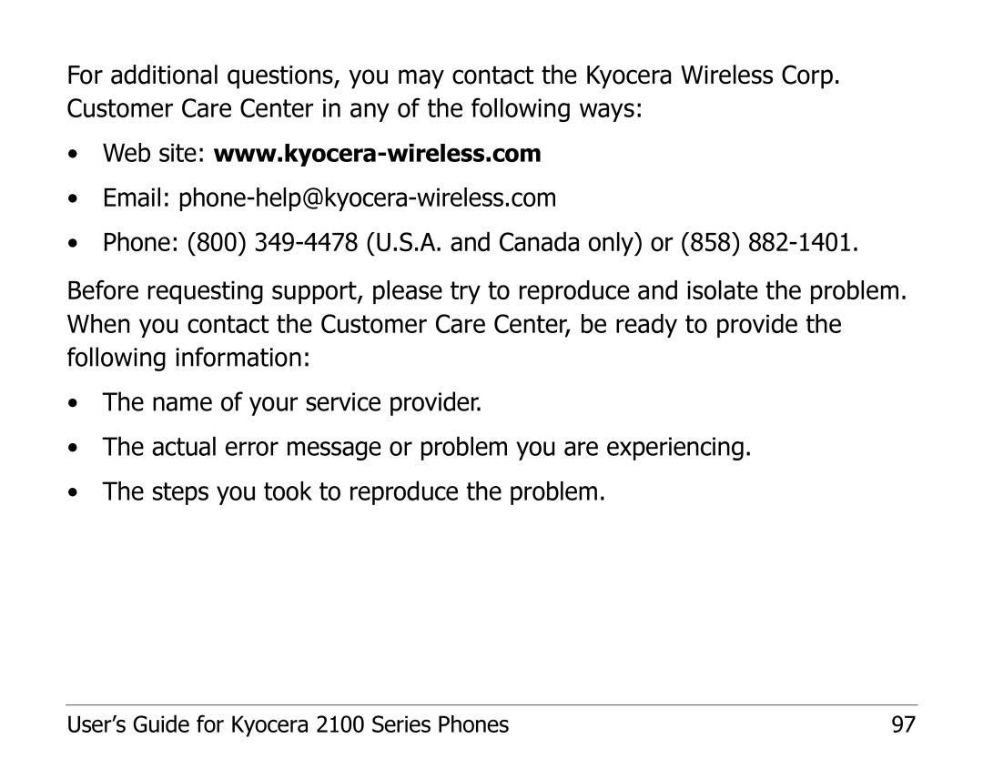 Kyocera manual User’s Guide for Kyocera 2100 Series Phones 