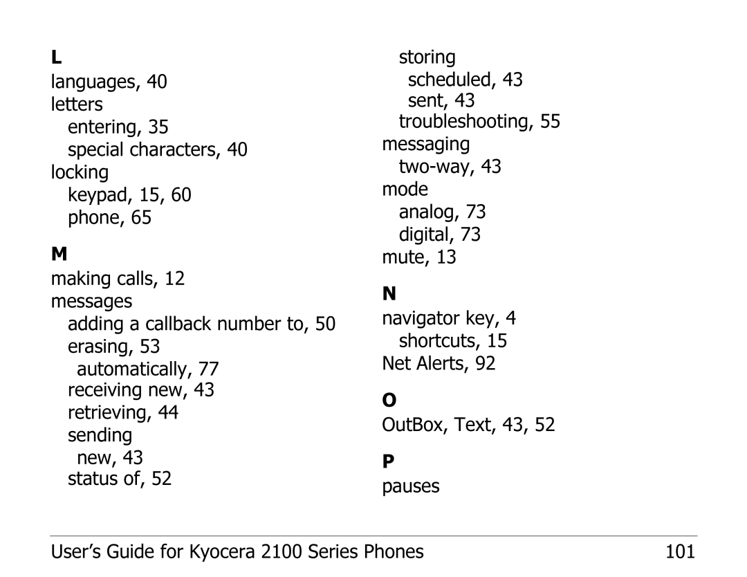 Kyocera manual User’s Guide for Kyocera 2100 Series Phones 101 