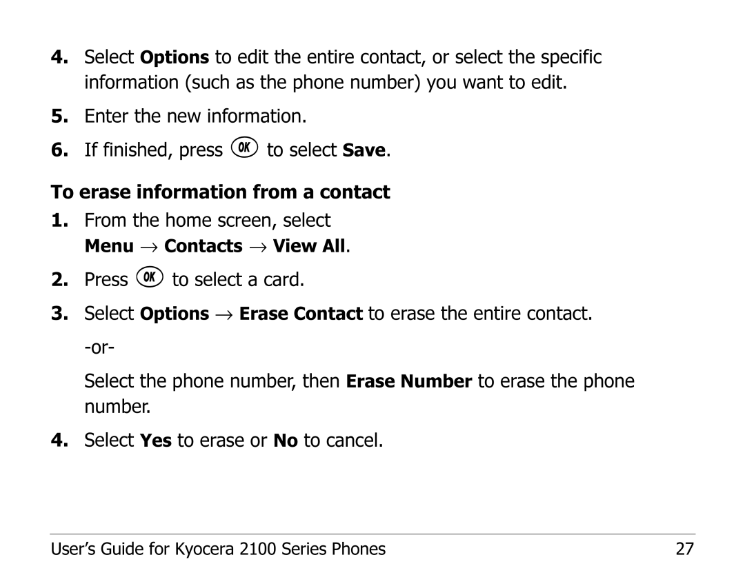 Kyocera 2100 Series manual Menu → Contacts → View All 