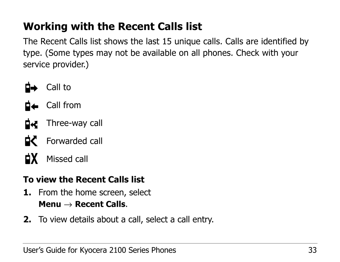 Kyocera 2100 Series manual Working with the Recent Calls list 