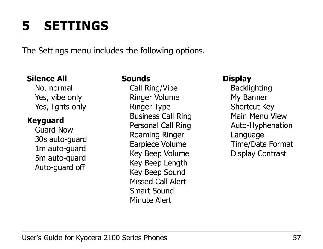 Kyocera 2100 Series manual Settings 