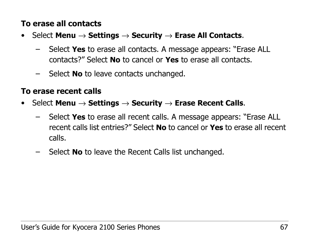 Kyocera 2100 Series manual Select No to leave contacts unchanged To erase recent calls 