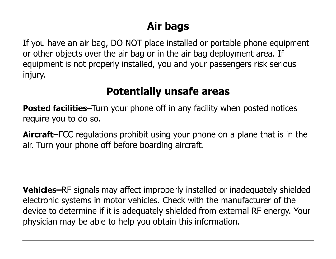 Kyocera 2100 Series manual Air bags, Potentially unsafe areas 