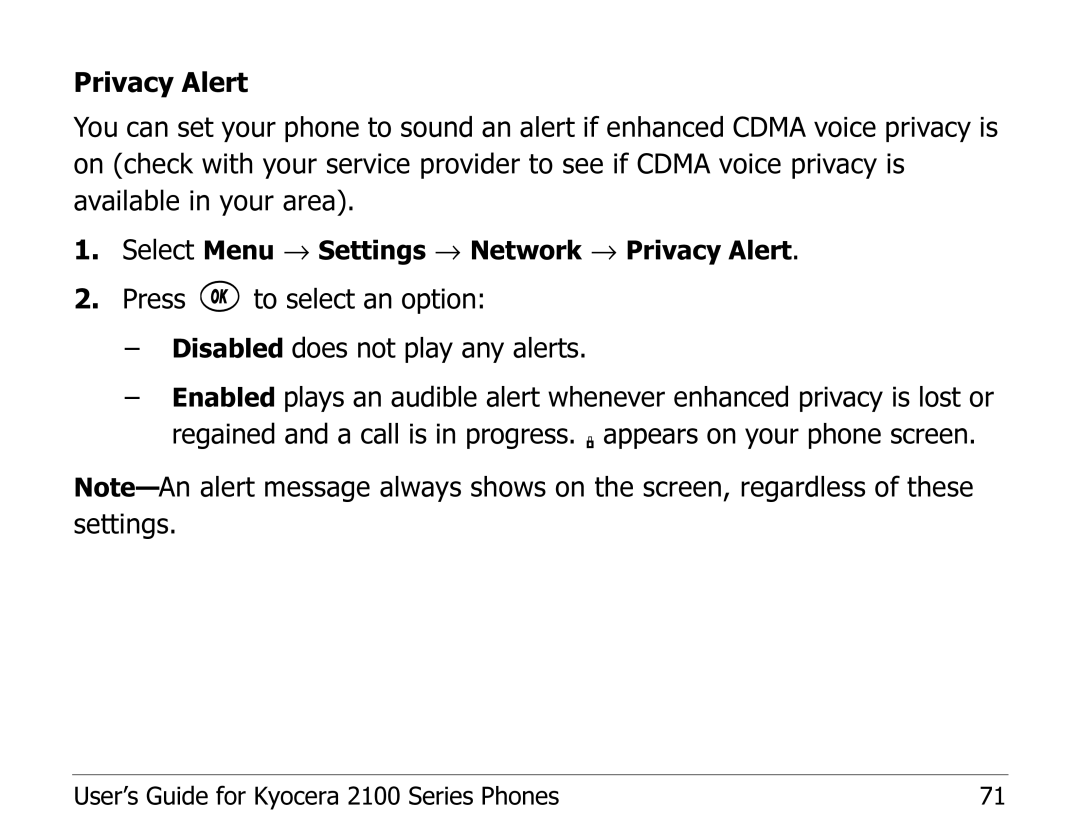 Kyocera 2100 Series manual Press to select an option Disabled does not play any alerts 