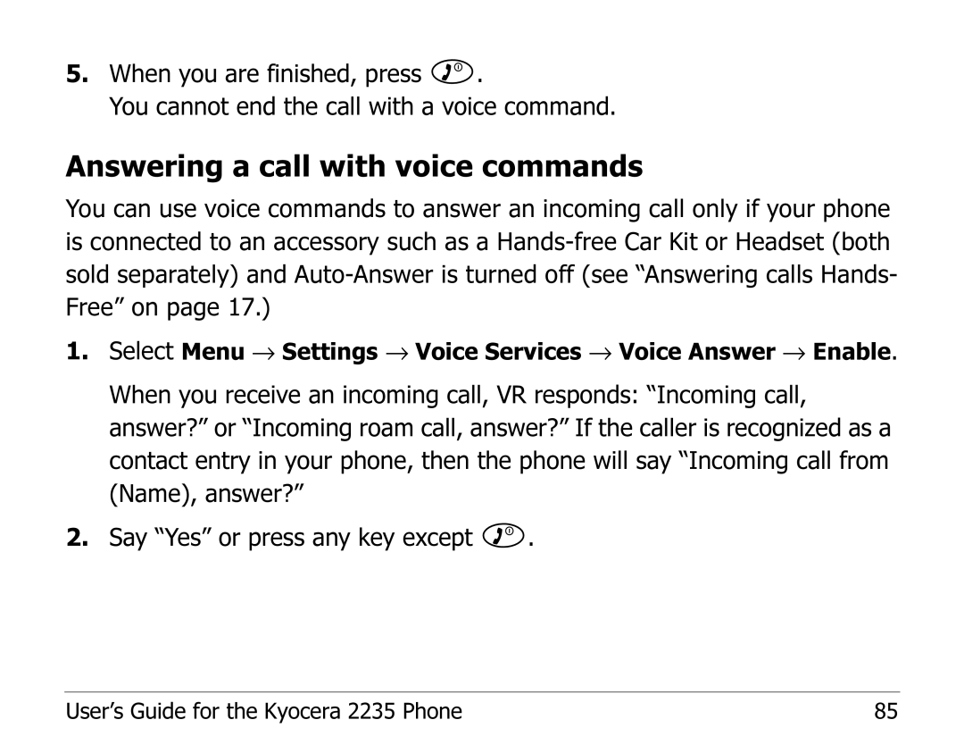 Kyocera 2235 manual Answering a call with voice commands 