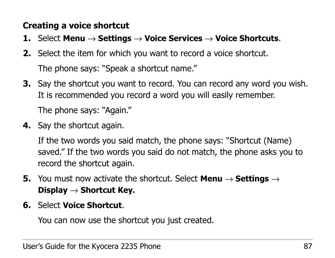 Kyocera 2235 manual Creating a voice shortcut 