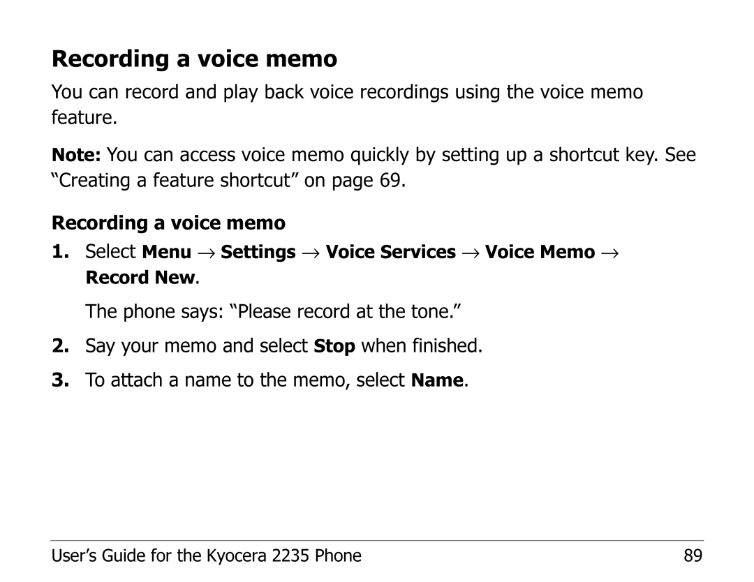 Kyocera 2235 manual Recording a voice memo 