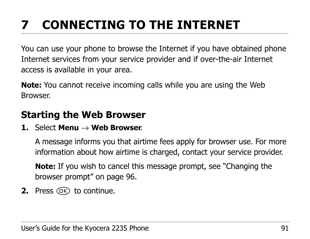 Kyocera 2235 manual Connecting to the Internet, Starting the Web Browser 