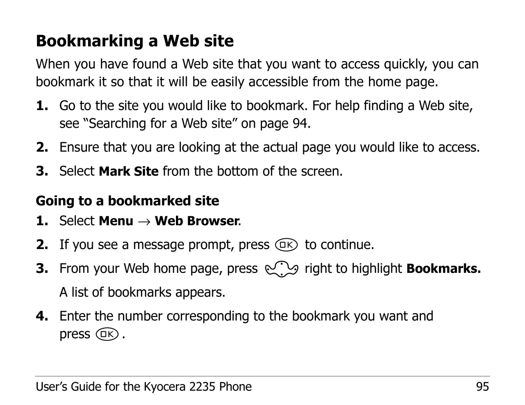 Kyocera 2235 manual Bookmarking a Web site 