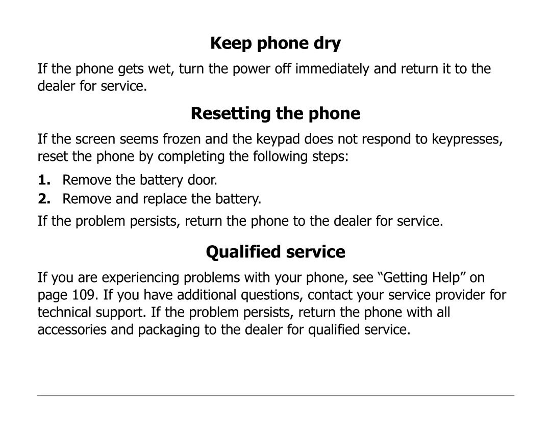 Kyocera 2235 manual Keep phone dry, Resetting the phone, Qualified service 