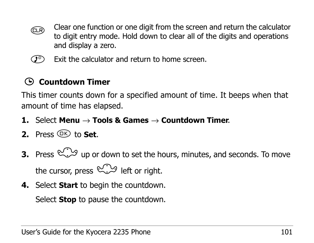 Kyocera 2235 manual Select Menu → Tools & Games → Countdown Timer 