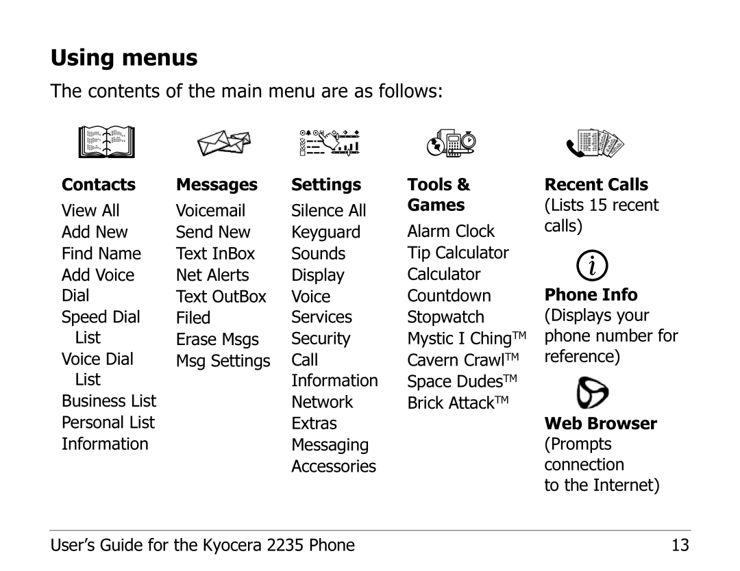 Kyocera 2235 manual Using menus, Contents of the main menu are as follows 